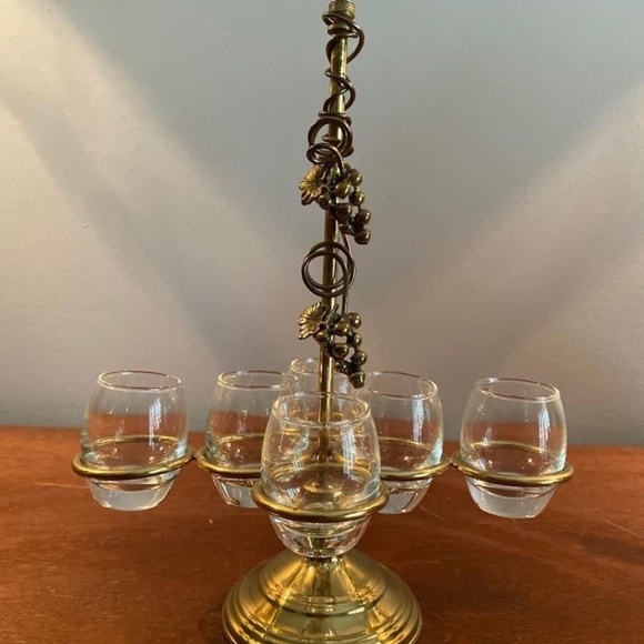 Vintage (6) Glass Liquor Set with Brass Stand brought back from Greece - Picture 1 of 7